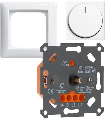 LED-Dimmer 3-250W Digital, nur 16 mm Einbautiefe, 2-Draht-Technik zur Nachrüstung, LED Halogen Glühlampen, als Komplettset mit Busch-Jaeger Balance-SI reinweiß Phasenanschnitt und Phasenabschnitt
