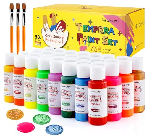 fantastory Tempera Paint for Kids 32 Colors (2 oz Each) Washable Tempera Paint, Kids Poster Paint Sponge Painting, Non-Toxic Kids Paint Finger Paints Hand Paints Bottles Early Learning