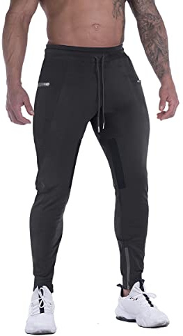 FIRSTGYM Pantalon de jogging pour homme, coupe ajustée, pantalon d’entraînement avec de maille au niveau des cuisses et poches zippées, noir, Taille M
