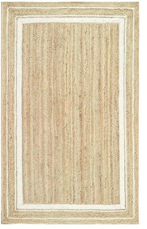 DN Handicraft Indischer handgefertigter JuteWohnzimmerteppich aus Naturfaser, braunweißer Rand, wendbar, 60 x 240 cm, Läufer, Teppich für Schlafzimmer, Küchenteppich