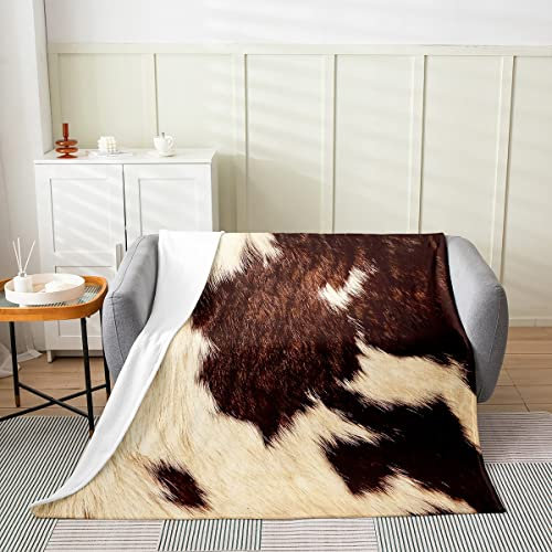 Homewish Kuhfell Überwurfdecke Braun Beige Kuhdruck Fleecedecke für Kinder Jungen Mädchen Westliche Farmtierpelz Flanelldecke Rustikale Cowboy Cowgirl Kuhhaut Fuzzy Decke Ganzjährig Weich,220 x 240