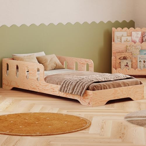 smartwood Barnsäng 100x190 cm med Fallskydd, av Furuträ, Naturlig, TILA 6 | Montessori golvsäng, ribbotten upp till 230 kg, FSC-certifierad, rundade kanter, enkel montering, från 3 år, 103x193x40 cm