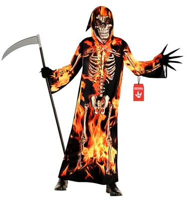 Morph Eld Dödens Budbärare Kostym Barn - Huva & Kappa med Eldformat Skeletttryck & Skräckinjagande Mask