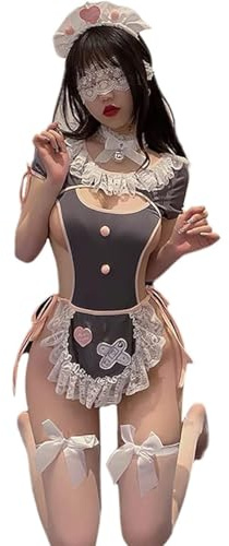 SNOMYRS Maid Outfit Anime Cosplay kostym japanskt sött förkläde fint Kawaii spets up onepiece underkläder bodysuit grå, grå, en storlek