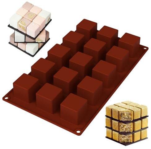 Maodom Stampi per Cioccolato Quadrati,Stampo in Silicone quadratini per Brownie - Stampi per Caramelle al Caramello in Silicone Quadrato con 15 cavità per budino, Gelatina, pralina, Stampo
