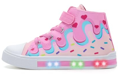 EUXTERPA Kids Toddler Sneakers Light Up Flashing Shoes Girls Easy Fasten High Top Walking Canvas Sneaker, Pink Cake, Little Kid Size 12