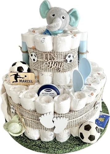 Windeltorte Fußball mit Elefant Socken Schnuller Löffel und mehr, für Jungen & Mädchen, Babytorte für Babyparty Babyshower Gender-Reveal, Namen personalisierbar, Baby Party Deko Dekoration