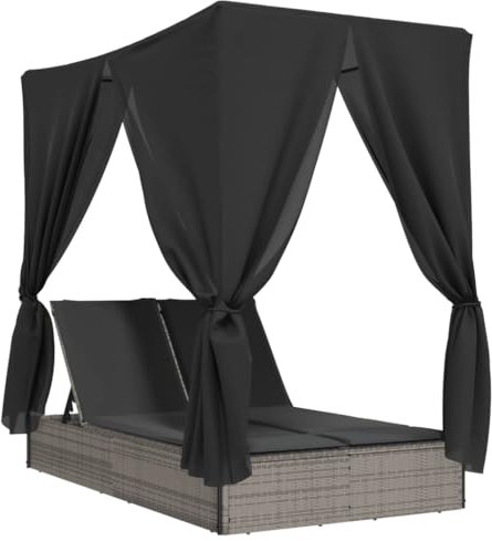 vidaXL Sonnenliege, Doppelliege mit Dach Vorhängen, Gartenliege Verstellbare Rückenlehne, Relaxliege Liege Gartenmöbel, Grau Poly Rattan