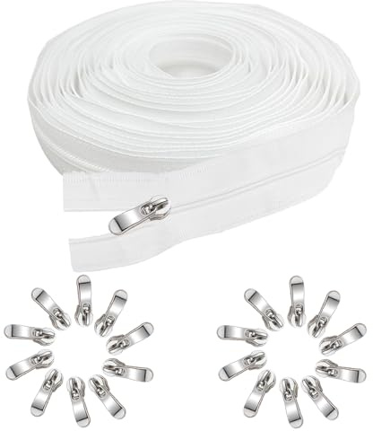 5mm 10m Cremalleras Por Metros Para Coser Blanco,Cortable Cremallera Continua por Metros,Cremallera de Nylon con 20 Tirador Cremallera de Metal, para DIY Costura Artesanal, Ropa de Cama y Más