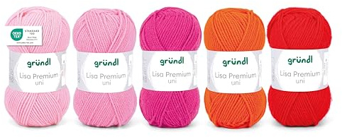 Gründl Lana Lisa Premium Uni – Hilo para tejer – Hilo de ganchillo – Suave y delicado con la piel – 100% poliacrílico 5 ovillos 50 g/133 m – Grosor de aguja 3,5 – 4,5 – rosa – rosa – naranja y rojo