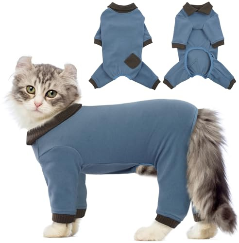 QBLEEV Cat Pajamas for Cats Only, Sticky Hair Cat Clothes, Cat Onesie for Cats After Surgery Female Male, Surgical Cat Recovery Suit Full Bodysuit, Long Sleeve Cat Shirts Outfits to Prevent Licking