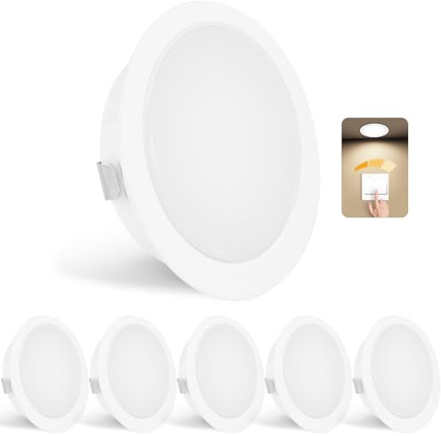 YindaLux Set med 6 inbyggda LED-strålkastare, 230 V, dimmerbara, 3 W, 4000 K, neutralt vitt, ultraplatt, 300 lm, öppning 55-58 mm och 15 mm, IP44, inbyggd strålkastare för spegelskåp, vit
