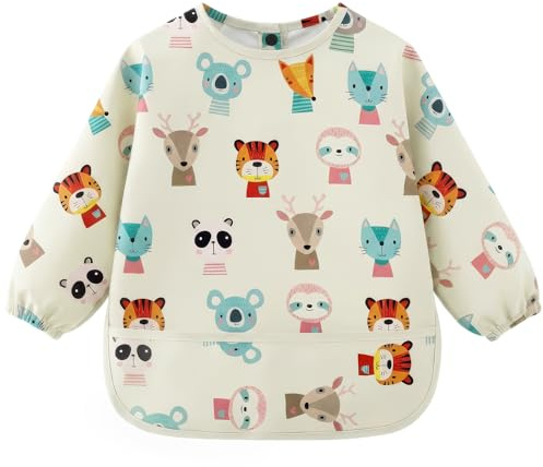 AOOTE Baby Bibs with Sleeves, Weaning Bib with Long Sleeves, Long Sleeve PU Waterproof Bibs, Machine Washable, Easy Clean, Soft Material, Unisex Feeding Bib Apron for Infant Toddler 6 to 12 Months