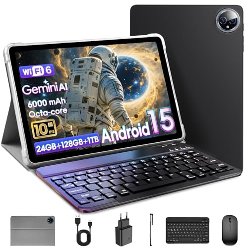 Raemond Tablet 10 Inch Android 15 with 24GB RAM + 128GB ROM (1TB Expand), Octa-Core, 1280x800 IPS HD Touchscreen, 5MP+8MP Dual Camera, 6000mAh, Tablet with Keyboard, Mouse, Widevine L1