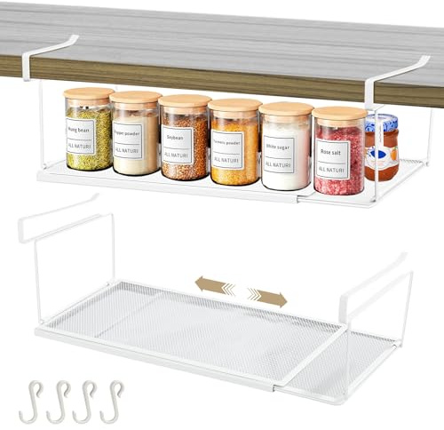Worephu Expandable Under Shelf Metal Hanging Basket, No Drill Kitchen Cabinet Organizer, Space Saving Storage Rack for Pantry, Closet, Shoe Bench, Plate and Spice Organization (White)