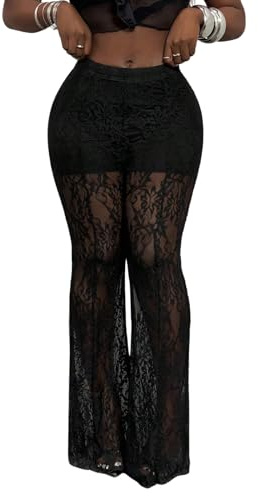 GORGLITTER Y2K Pantalon évasé transparent pour femme - Taille haute - Taille élastique - Pantalon long transparent - Pantalon de fête - Tenue de festival, Noir , S