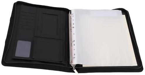 Fockety Portafolio de cuero sintético, organizador de carpetas A4 con cremallera, 10 bolsillos para archivos, cuaderno de 30 hojas, carpeta de 4 anillas, para viajes de negocios