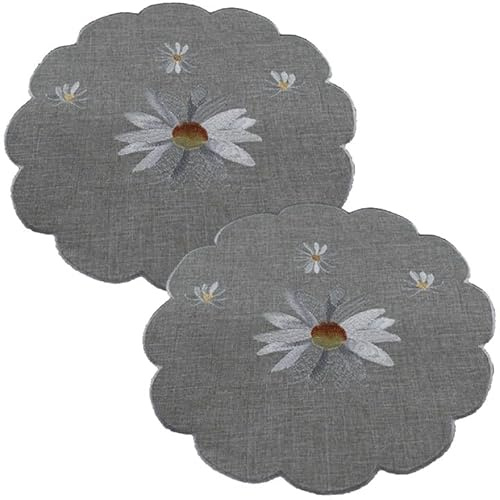 Tischdecke Mitteldecke Tischläufer Tischset Frühling Sommer grau Stickerei weiße Margeriten pflegeleicht Verschiedene Größen runde Deckchen (2er Set rund 30 cm)