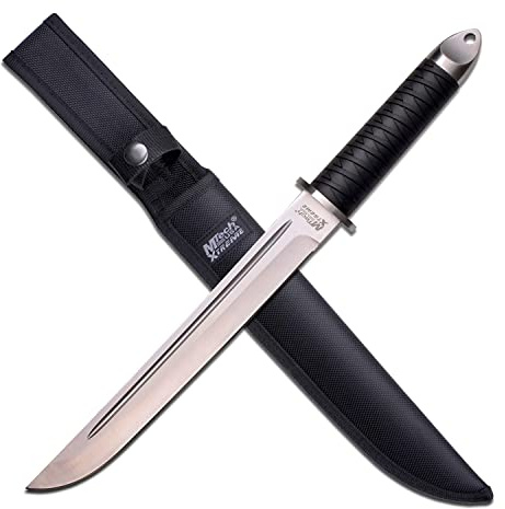 MTech Xtreme – Fixed Blade Knife - Satin Stainless Steel Blade w/Blood Groove, Injection Molded Rubber Handle w/Ribbon Pattern, Nylon Sheath - Hunting, Camping, Survival, EDC, Tactical, – MT-8130