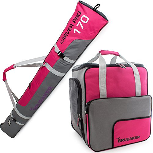 BRUBAKER Kombi Set Carver PRO - Limited Edition - Skisack und Skischuhtasche für 1 Paar Ski bis 170 cm + Stöcke + Schuhe + Helm Pink Grau