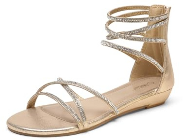 DREAM PAIRS Women's Ankle Strap Flat Sandals Summer Dressy Strappy Gladiator Rhinestones Sandals,Size 9,Gold,Weitz
