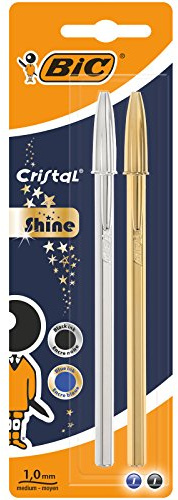 BIC Cristal Original Shine - Stylos-Bille Or et Argent Pointe Moyenne (1,0 mm) - Écriture Fluide et Élégante - Encres Bleue et Noire, Blister de 2