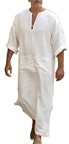 HUATENG Hombre Casual étnico musulmán Thobe, Ropa de Cama Kaftan Medio Oriente Saudita árabe Vestidos con Bolsillos