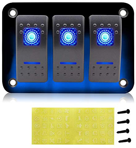 Geloo 12V/24V Pannello interruttore universale a 3Gang, 5 Pin Precablato Pannello in Alluminio LED Blu retroilluminato per Barca, Auto e Camper