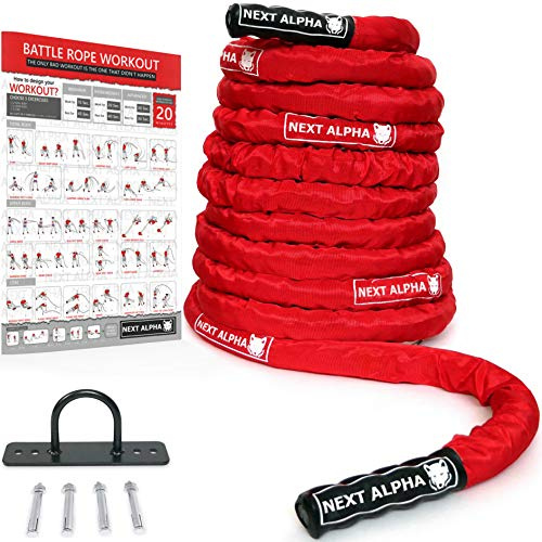 Next Alpha Battle Rope - Corda da Allenamento - 38mm/50mm, 9m/12m/15m - Fascette di Protezione - Ancoraggio a Muro - Workout Instruction Poster