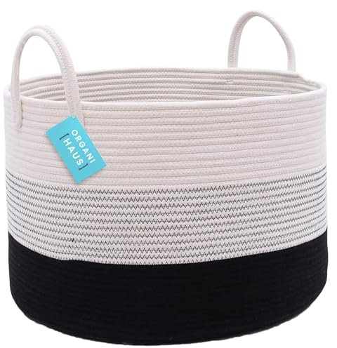 OrganiHaus Korb Geflochten Rund, Wäschekorb Geflochten, Korb Aufbewahrung Groß, Aufbewahrungskorb Kinderzimmer, Aufbewahrungskorb für Decken Kissen Spielzeug, Faltbar mit Griff - 50x33cm, Weiß/Schwarz