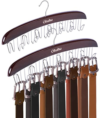 Belt Hanger Organizer for Closet: Ohuhu 2 Pack 12 Hooks Max 36 Belts Tie Rack Wooden Belt Holder for Storage 360 Degree Rotating Space Saver Organizer for Men Women Belt Tie Scarf Accessories-Walnut