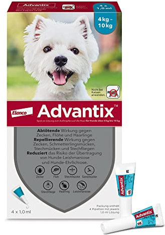 Elanco ADVANTIX Spot on für Hunde 4 kg bis 10 kg, Schutz vor Zecken & Flöhen, wehrt Mücken & Stechfliegen ab, Bevor sie stechen – Der Schutz für Urlaub & Alltag, Wirkung bis zu 4 Wochen, 4 Pipetten