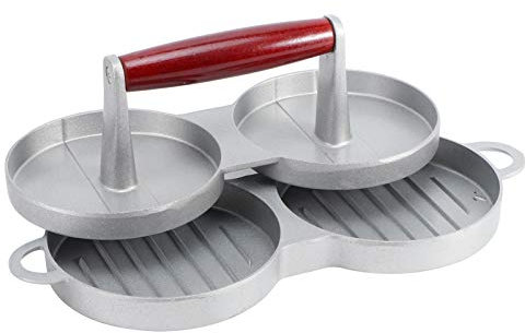 Prensa de hamburguesas de aluminio de 2 rejillas, máquina para hacer hamburguesas dobles, forma redonda, molde para albóndigas DIY con mango de madera para Picnic de cocina