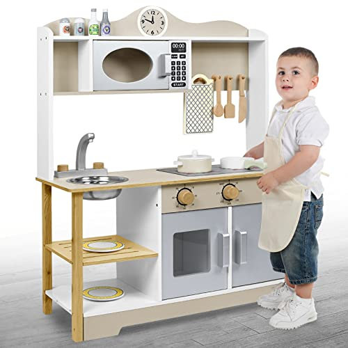 NAIZY Kinderküche Holz Spielküche 85x65x24cm Puppenküche Set Playmobil Kinder Küche mit Zubehör wie Mikrowelle, Backofen, Spüle, Kochgeschirr und Gewürze DIY Spielzeugküche, für Mädchen und Jungen