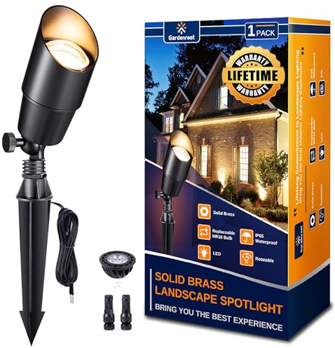 Gardenreet Landscape Spotlights Low Voltage - Brass Outdoor Uplight LED 12V, Wired Spot Lights IP65 Waterproof, Black for Exterior Garden Yard Tree House with 5W 2700K Warm White MR16 Bulb