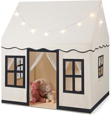 HOMASIS Tienda de Campaña Infantil de Algodón, Casa de Juegos Infantil con Luces de Estrellas y Bolsa y Alfombrilla de Transporte, para niños y niñas, 121x101x137cm (Beige+Negro, con Alfombrilla)
