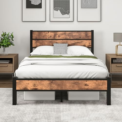 HOMERECOMMEND Letto in metallo 120 x 200 cm, con rete a doghe con testiera in legno e poggiapiedi in metallo, resistente, struttura per letto 120 x 200 cm, nero+marrone