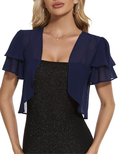 HANERDUN Donna Chiffon Bolero Estate Elegante Manica 3/4 Shrug Festa Giacca Bolero Fronte Aperta Cardigan Spalla Leggera per Abiti da Sposa Colore Blu Navy Taglia XXL