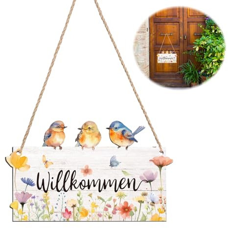 Yuqilin Türschild Willkommen Herzlich, Gartendeko Türhänger Aus Holz, Deko Garten Vintage Willkommensschild, Hängendes Holzschild Deko, Hängend Frühling Schild für Garten Haustür Hintertür, 12 x 20cm
