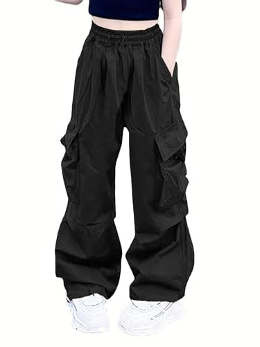 Nanasait Girls Cargo Pants Elastic Waist Drawstring with Pockets Pants Black 150CM,6-14 Years