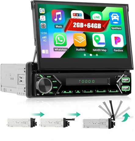 CAMECHO 2+64G Android 13 Single Din Car Stereo Flip Out with Wireless Carplay Android Auto, 7 inch Manual Telescopic Touch Screen Bluetooth Handsfree Call Sat Navi USB/Type-C/Aux-in SWC Mirror Link