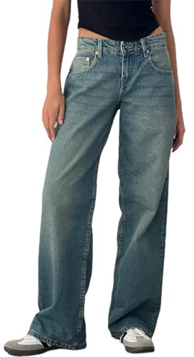 YILEEGOO Pantalon en jean pour femmes, jambe large, stretch, denim, coupe droite, Y2K, taille basse, cheville, coupe décontractée, baggy, M