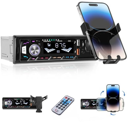 Ohradio Autoradio Bluetooth 1 Din avec Support pour Téléphone Portable - Autoradio Bluetooth MP3 Player FM Radio/USB/TF/AUX/Bluetooth 5.0/Chargement USB - Support MobPhone - Télécommande