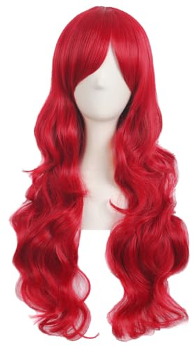 MapofBeauty 28 Pulgada/70 cm Largo Ola Rizo Cabello Pelucas，Brillante Rojo