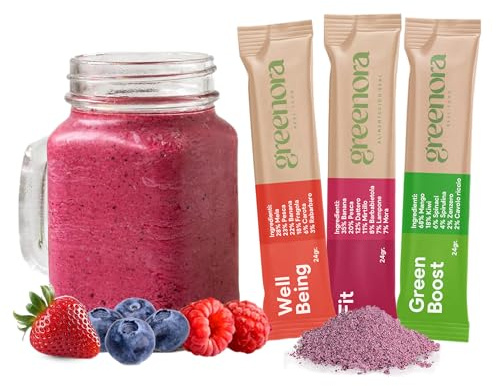 GREENORA Smoothie Vegano Frutta Liofilizzata in Polvere 100% Naturale. Disidratata. Fragola, Mela, Zenzero, Mango, Barbabietola, Spirulina. Senza Zuccheri Aggiunti 9x24g