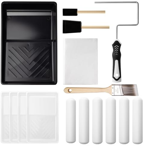 Mister Rui Kit de rodillo de color de 16 piezas, ruedas de 6 pulgadas de color de espuma, kit de rodillo de color de espuma, bandeja de color y revestimiento desechable, cepillo, herramientas de