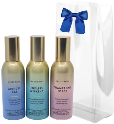 Bath & Body Works LAUNDRY DAY, CHAMPAGNE TOAST, ENDLESS WEEKEND Concentrated Room Spray 3pc bundle Gift Set with a Blue Bow for Holiday 1.5 oz each