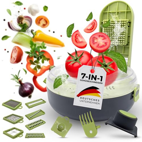 7-in-1 Gemüseschneider, Gemüse Schneider Gurkenhobel Zwiebelschneider Kartoffelschneider Obstschneider - Reibe für Gemüse und Käse, Multifunktionale Küchenmaschine mit Zubehör, Grün/Schwarz