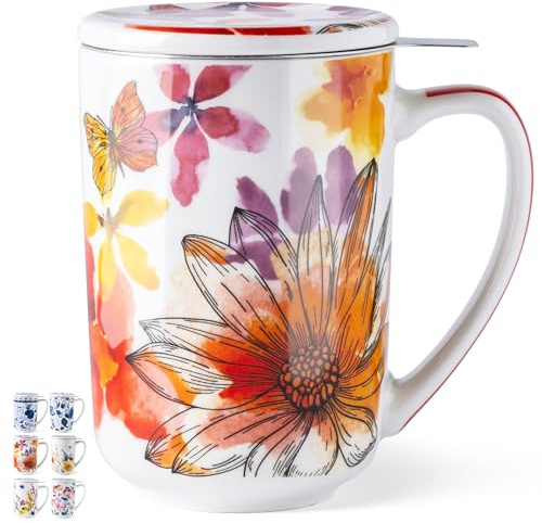 GBHOME Tekopp, sil och lock, 530 ml keramisk tekopp löst te, MW&diskmaskinssäker, perfekt för teälskare, fjäril röd