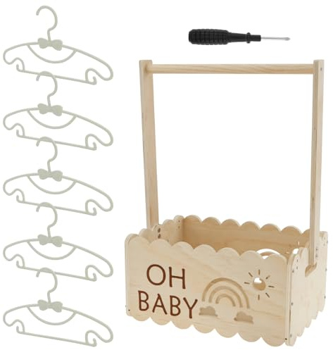 Babykorg, present med handtag, trälåda för babyparty med 5 galgar, praktisk förvaringslåda, småbarn, sött babykorgskåp, babyshower, tvättkorg för kläder, leksaker, nya föräldrar (A)